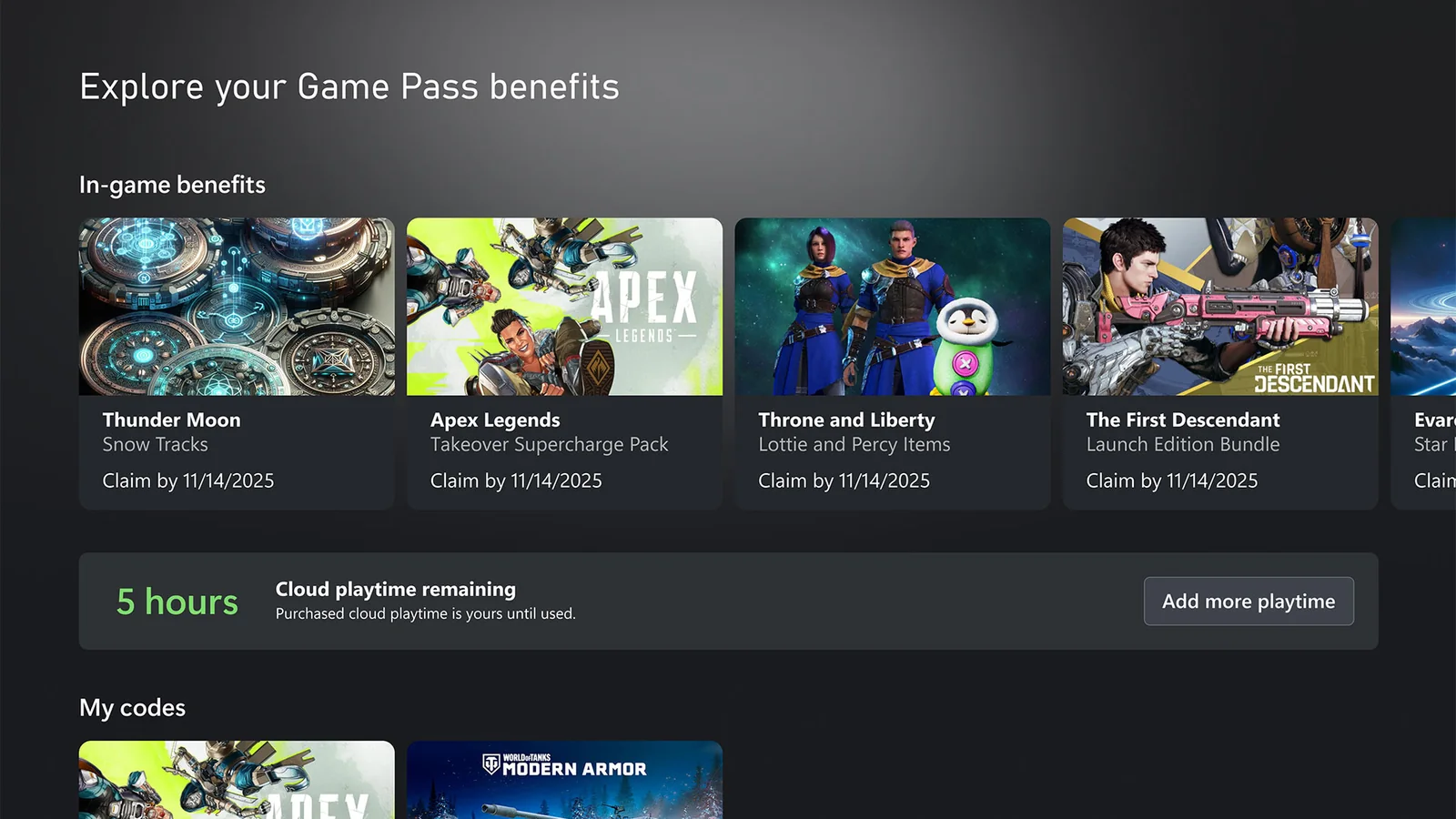 Official Xbox interface image showing Game Pass benefits and remaining Xbox Cloud Gaming playtime
