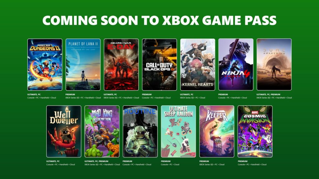 Official Xbox Game Pass September Wave 2 lineup artwork showing Gears of War: E-Day, Minecraft Dungeons II, Dune: