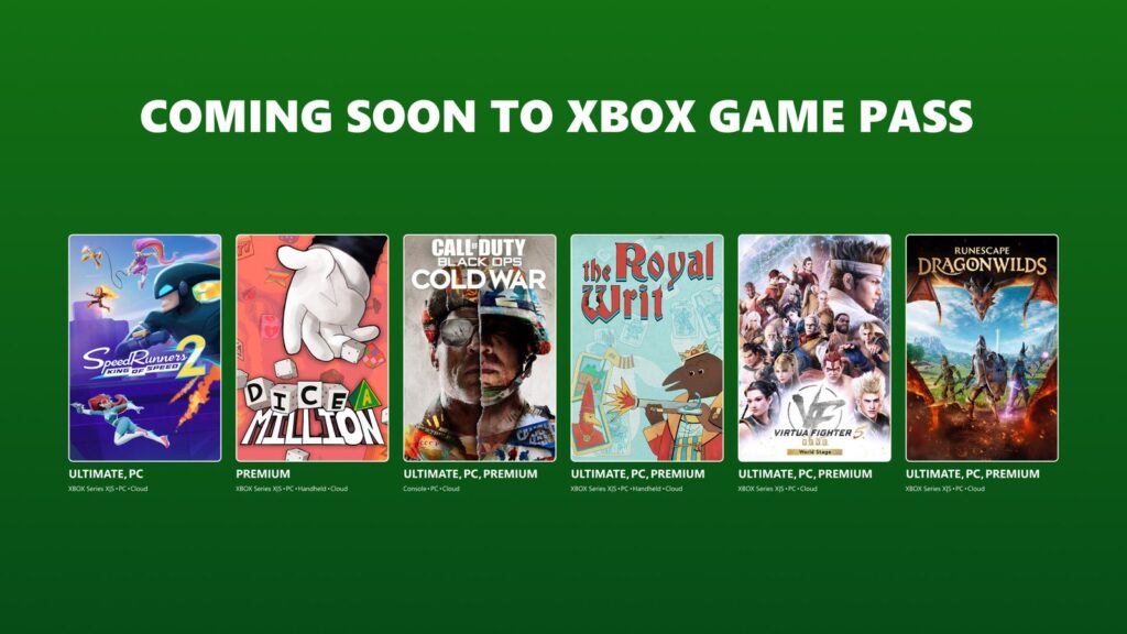 Xbox Game Pass Ultimate Tests Different First-Year Prices Official Xbox Game Pass September 2026 lineup graphic showing SpeedRunners 2, Dice a Million, Black Ops Cold War, The