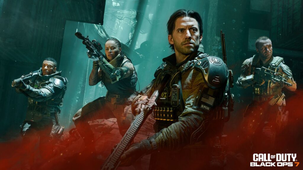 Call of Duty: Black Ops 7 campaign artwork showing a soldier amid blue and orange environments