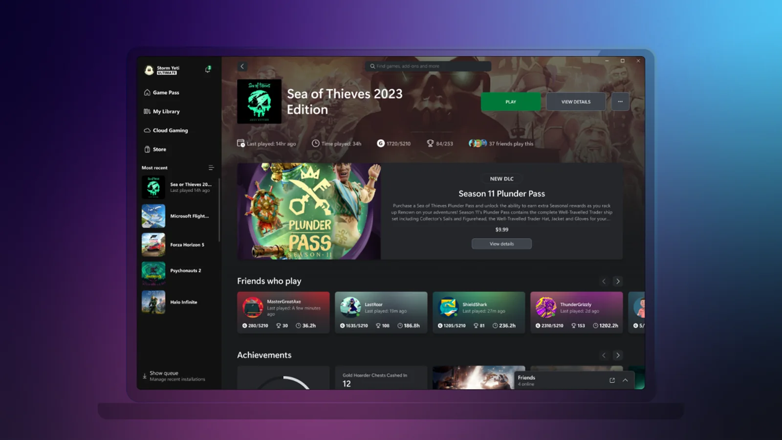 Xbox PC app game hub showing Sea of Thieves with achievement progress visible in the interface