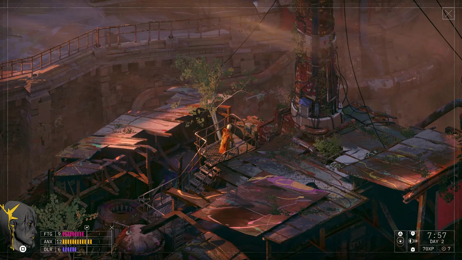 Official ZERO PARADES gameplay screenshot showing Hershel crossing an industrial rooftop area at sunset