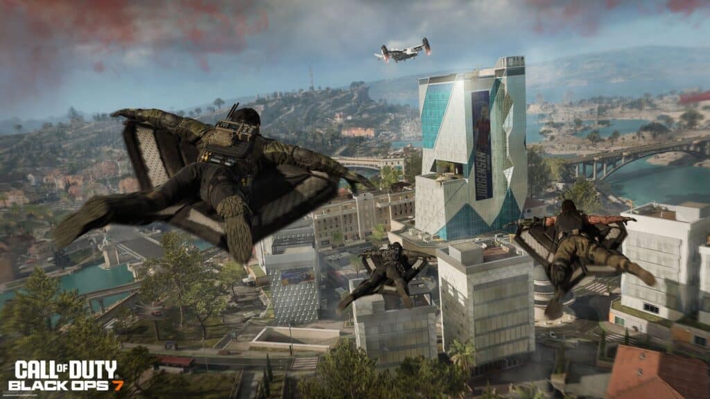 Activision Acknowledges Black Ops 7 Disappointment Black Ops 7 screenshot featuring a soldier using a wingsuit over a sprawling urban landscape