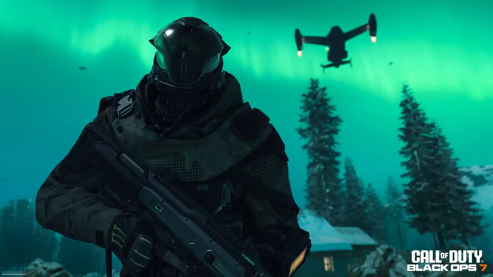Black Ops 7 screenshot featuring a soldier using a wingsuit over a sprawling urban landscape