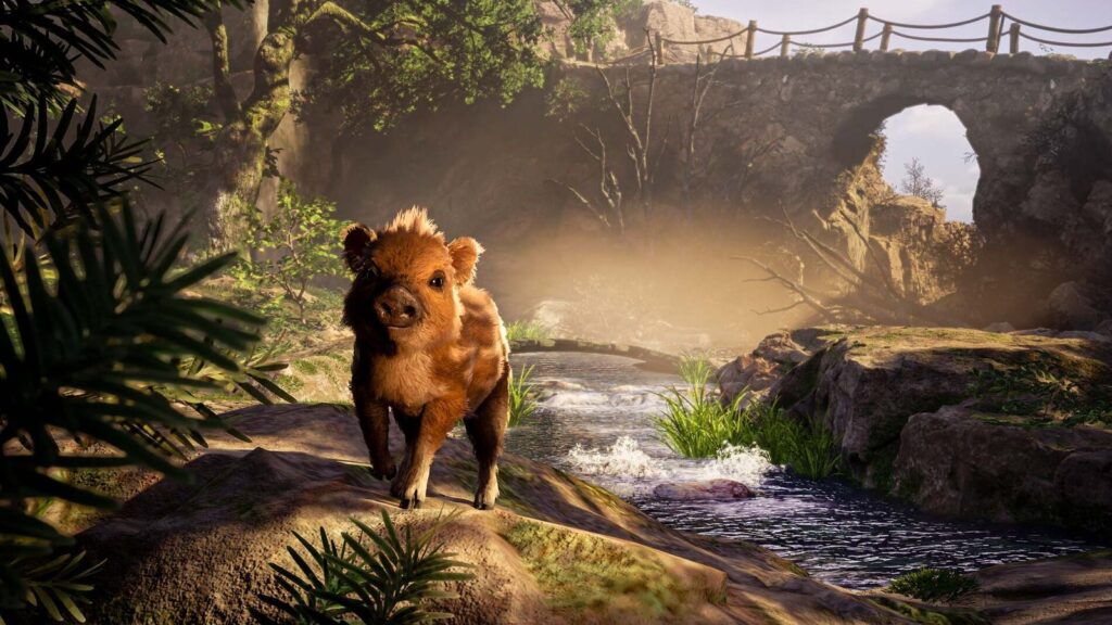 Adorable Adventures Switch 2 Version Appears at Retailers Boris the baby wild boar standing on a moss-covered rock beside a stream in a sunlit forest