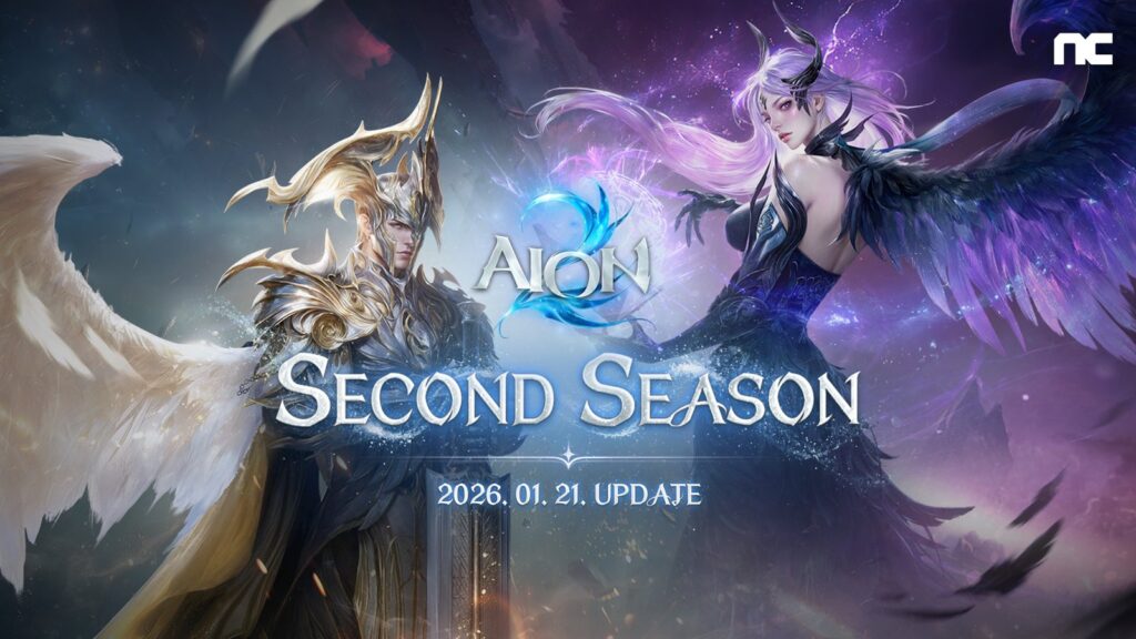 Official Aion 2 Season 2 artwork showing a heavily armored winged male character and a dark-winged female character