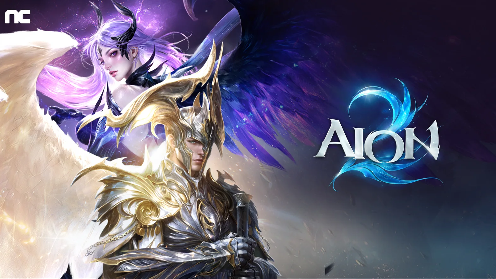 Official Aion 2 promotional image featuring a gold-armored winged warrior in the foreground and a purple-winged