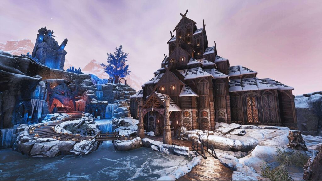 Aloft and Conan Exiles Enhanced Coming to PS5 in Early 2027 Conan Exiles Enhanced screenshot showing a large snow-covered wooden fortress with warm interior lighting and frozen
