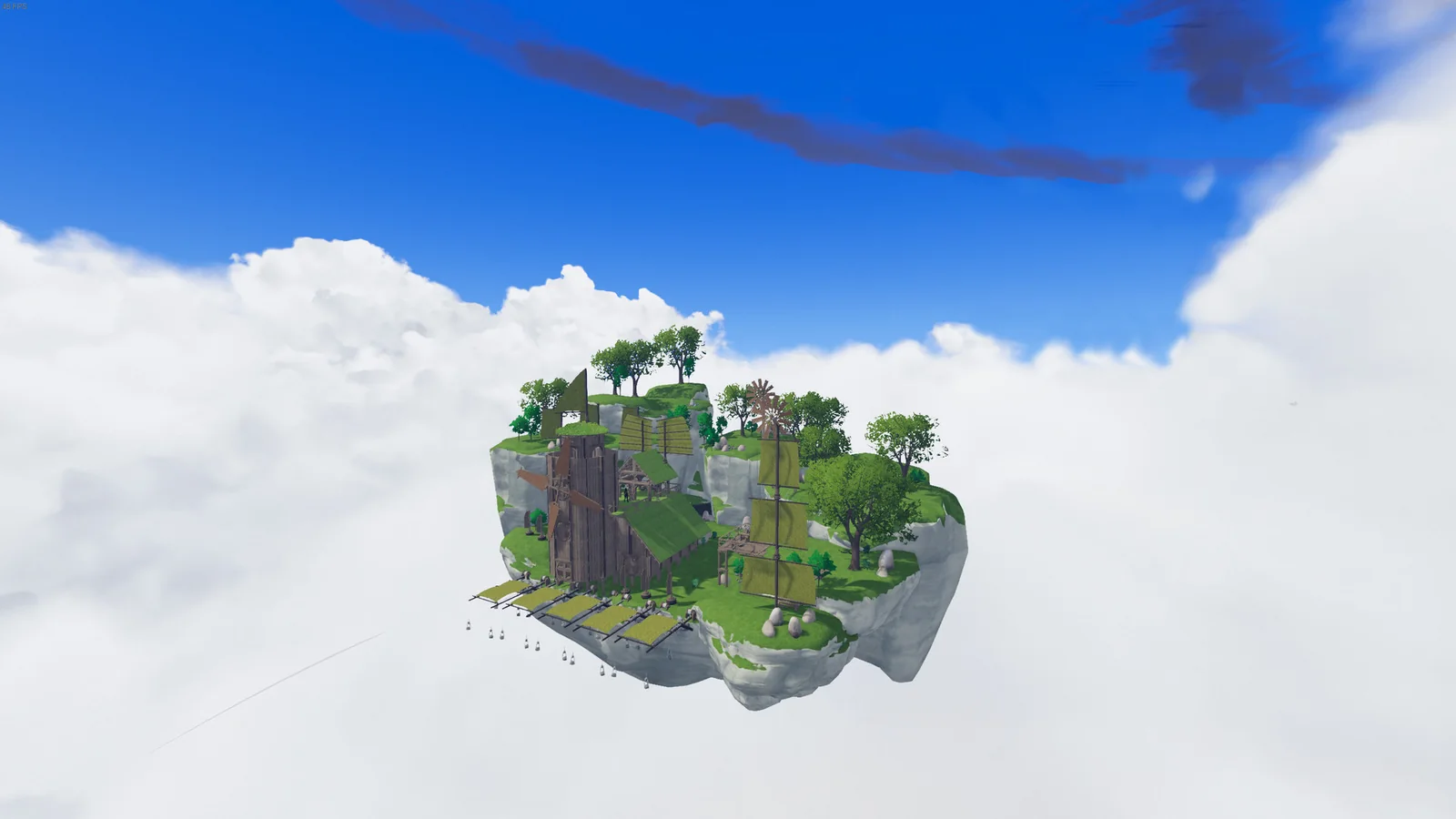 Aloft gameplay screenshot showing a floating island skyship with wooden buildings, sails, and lush vegetation against a