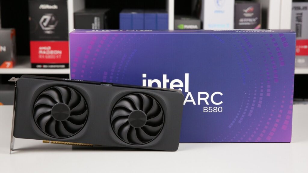 Intel Arc B580 Limited Edition graphics card shown against its distinctive purple retail packaging