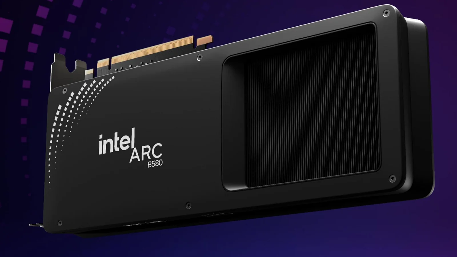 Official Intel promotional rendering of the Arc B580 Limited Edition graphics card against a dark purple background