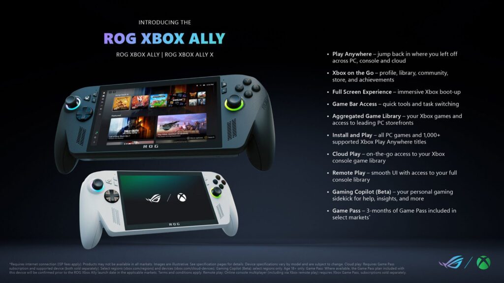 Official promotional image featuring the black ROG Xbox Ally X and white ROG Xbox Ally handheld gaming devices