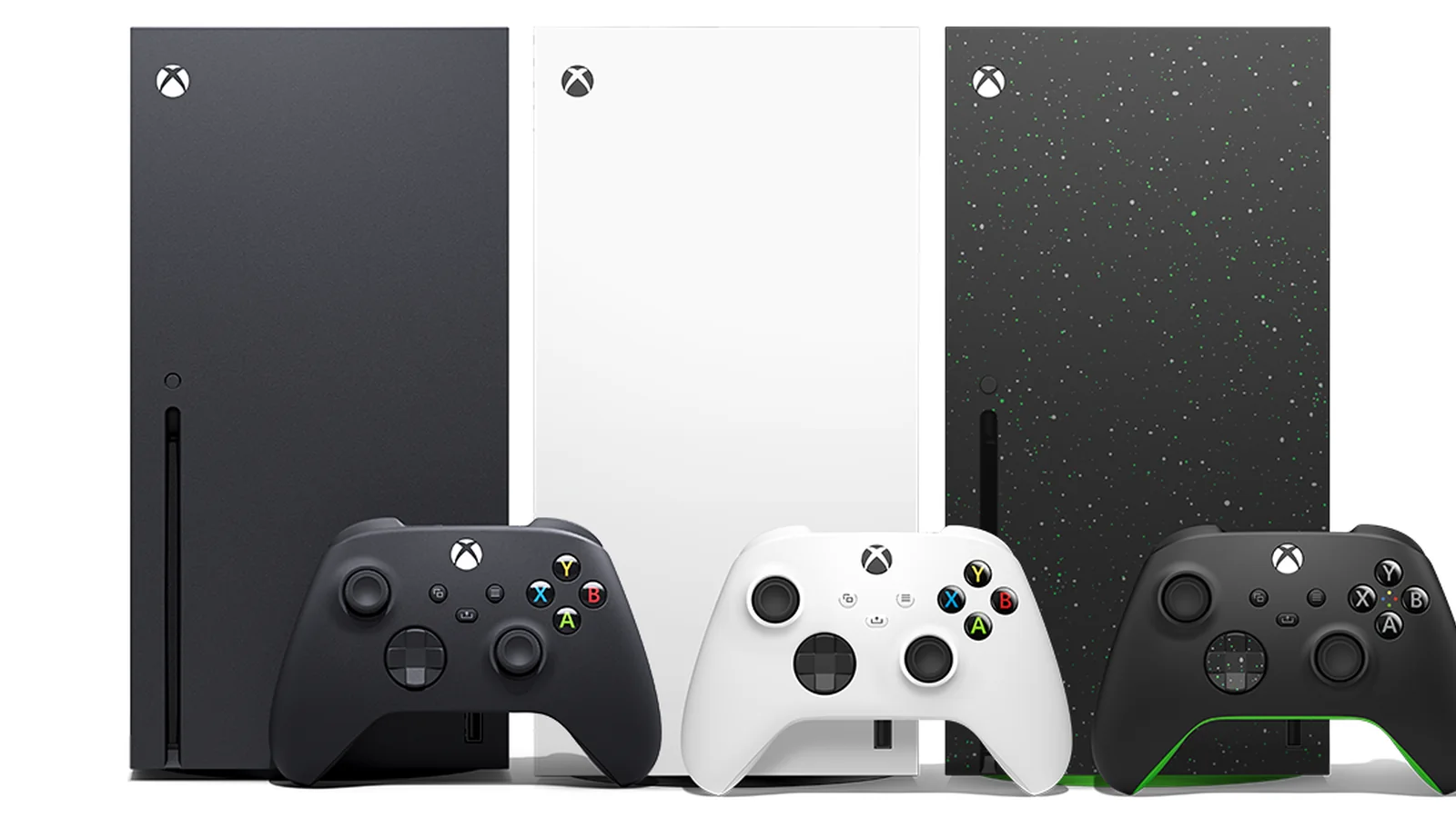 Official Microsoft product image showing Xbox Series X and Xbox Series S consoles with their controllers against a