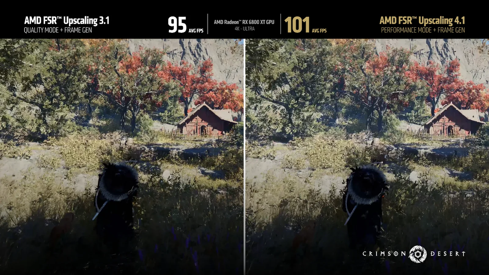 Official AMD FSR SDK 2.4 announcement imagery featuring a Crimson Desert graphics comparison on Radeon RX 6800 XT