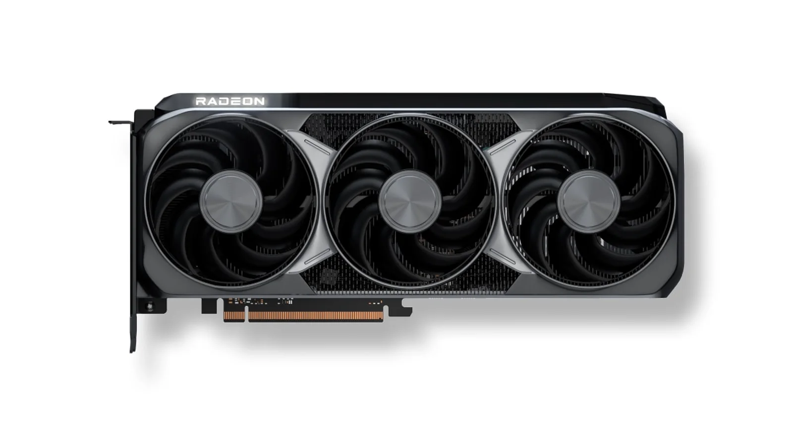Official AMD Radeon RX 9070 XT graphics card render featuring a black and silver cooling shroud, large fans and Radeon