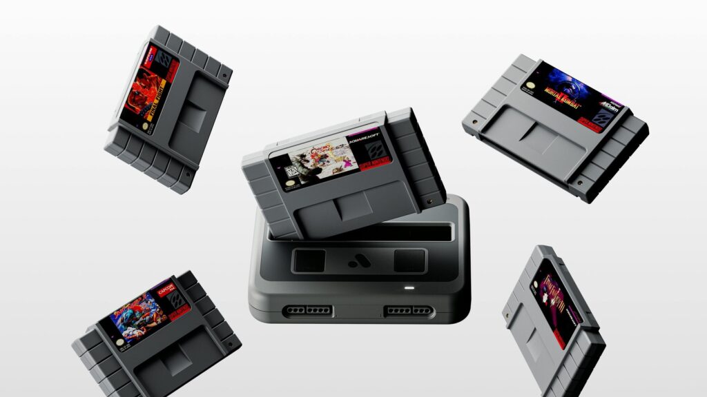 Official Super Nt+ console surrounded by floating Super Nintendo cartridges on a clean white background