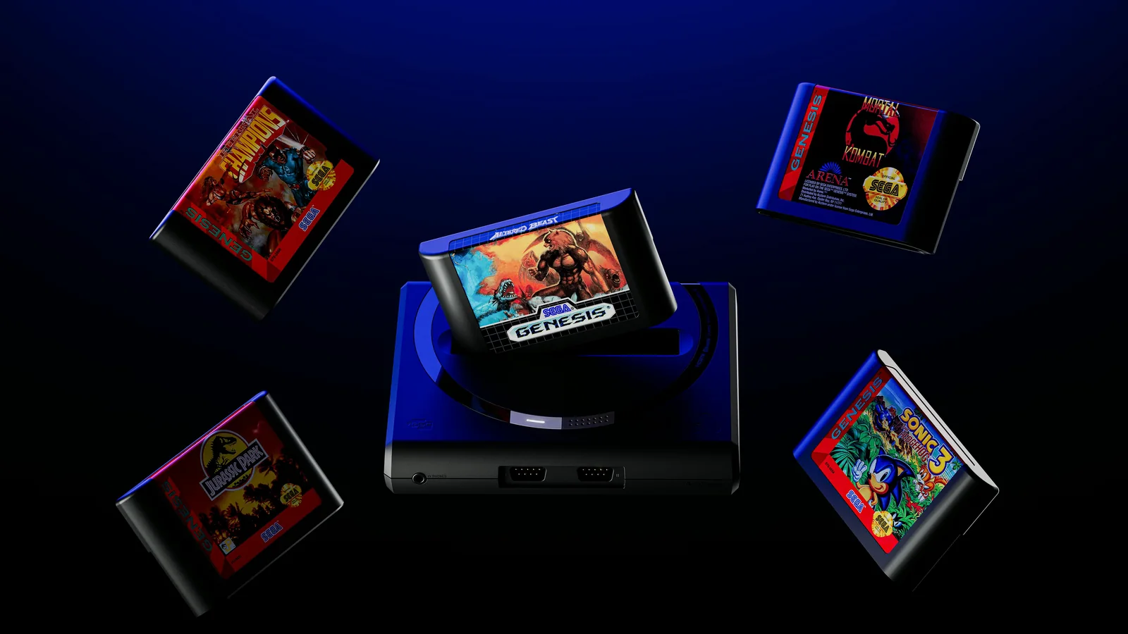 Official Mega Sg+ console surrounded by floating Sega Genesis cartridges against a deep blue background