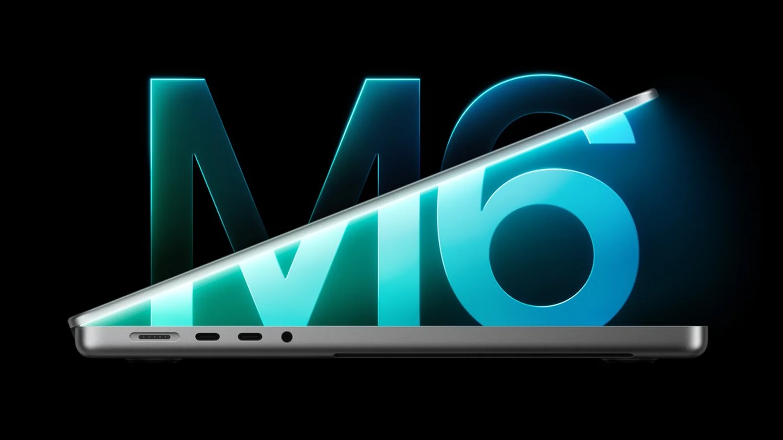 Official Apple promotional image showing the new 14-inch MacBook Pro with M6, partially open in a side view against a