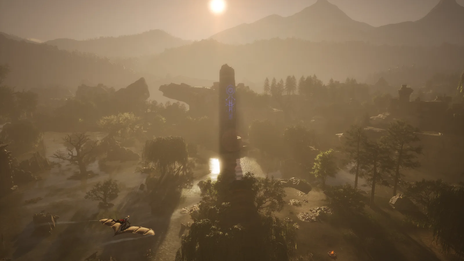 Golden sunset overlooking a vast fantasy landscape with a gliding adventurer and glowing rune tower