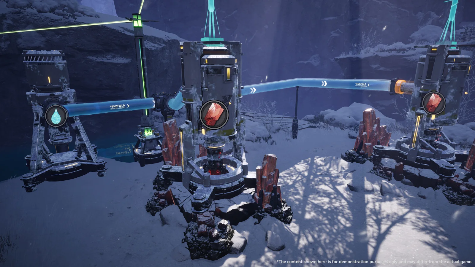 Official gameplay screenshot showing Arknights: Endfield industrial machinery and pipelines in a snowy environment