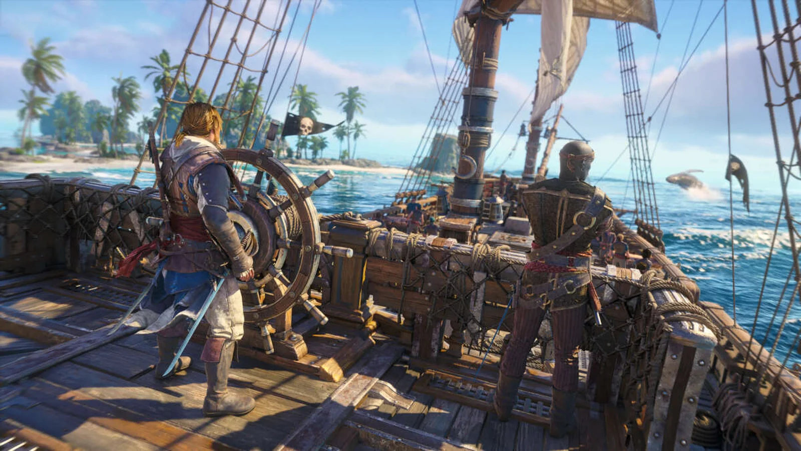 Edward Kenway standing at the helm of the Jackdaw in bright Caribbean waters