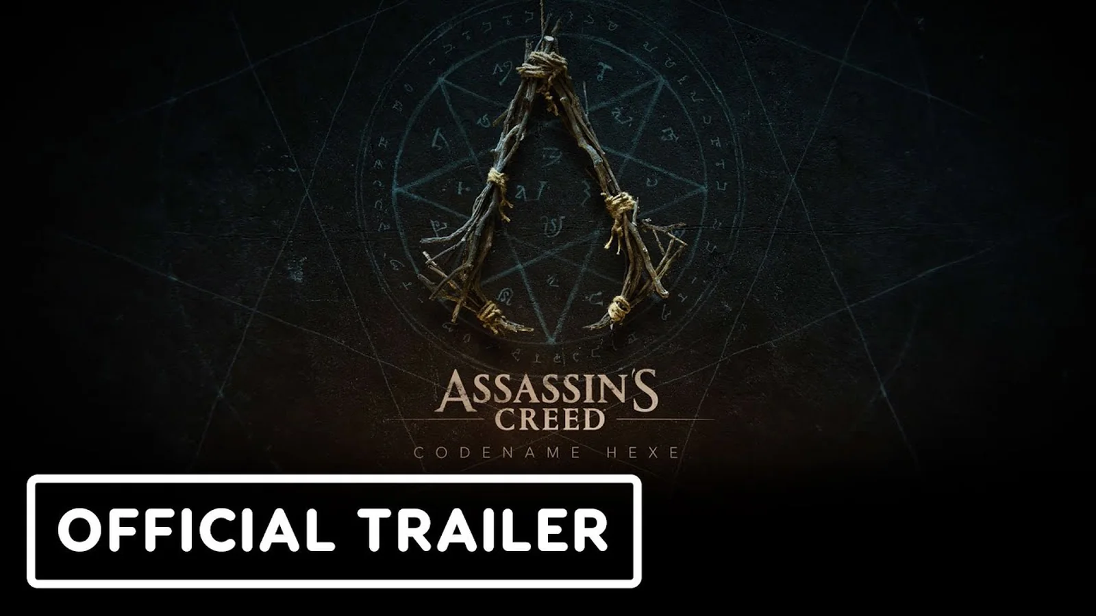 Assassin’s Creed Codename Hexe reveal trailer thumbnail showing the eerie forest setting and hanging Assassin symbol