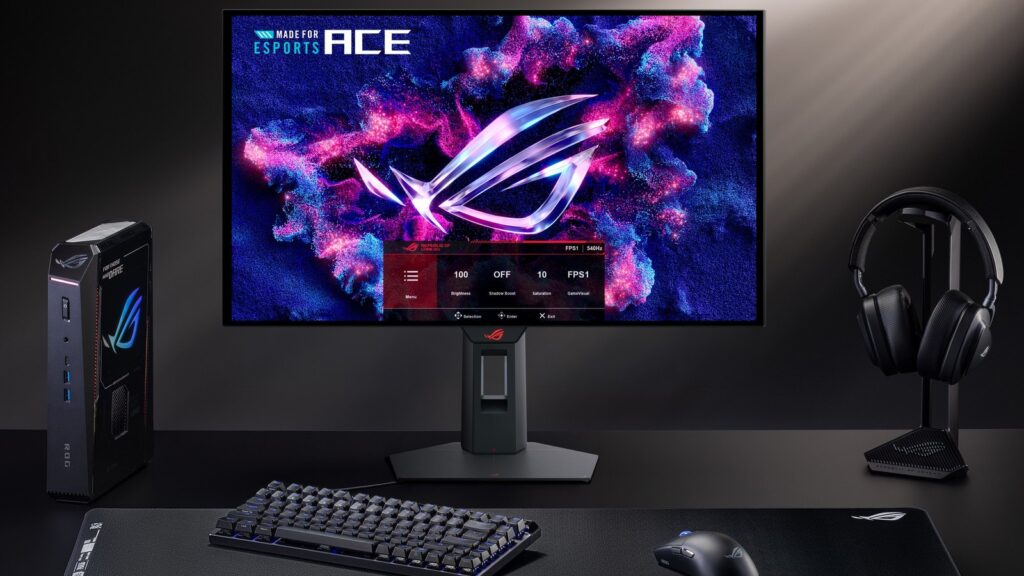 ASUS Announces Availability of 720Hz and 540Hz OLED Monitors ROG Strix OLED XG259QWPG Ace with the Quick OSD menu visible on-screen in a complete gaming desktop setup