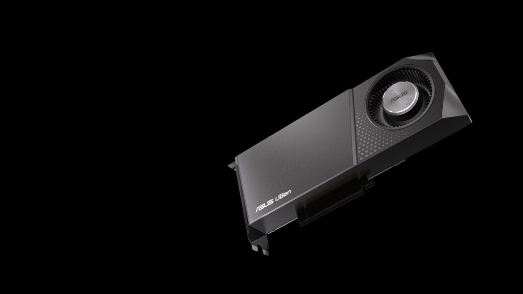 ASUS UGen Intel Arc Pro B70 graphics card product hero image, showing the dark, single-blower workstation GPU at an