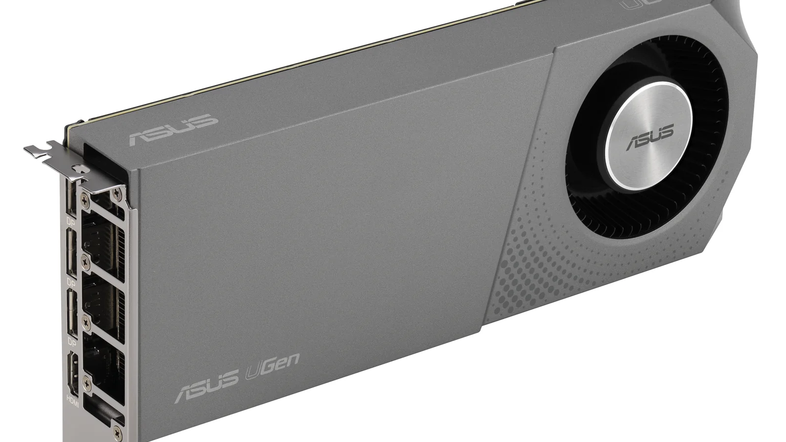 ASUS UGen Intel Arc Pro B70 graphics card product hero image, showing the dark, single-blower workstation GPU at an