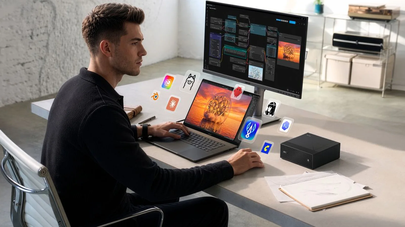 Official ASUS lifestyle image showing a ProArt laptop in use beside the compact ProArt GR1X mini PC and an external