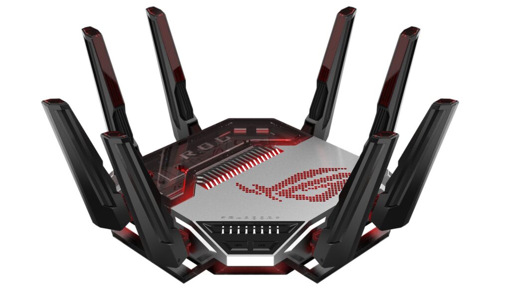 ASUS ROG Rapture GT-BN98 Wi-Fi 8 Gaming Router Starts Shipping Official ASUS hero image showing the ROG Rapture GT-BN98 from the front with all eight antennas extended and red