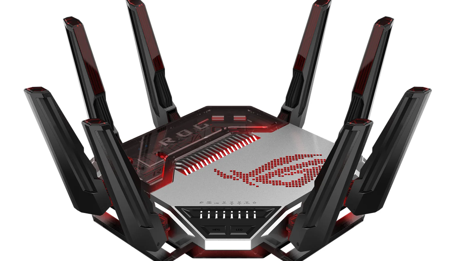 Official ASUS hero image showing the ROG Rapture GT-BN98 from the front with all eight antennas extended and red