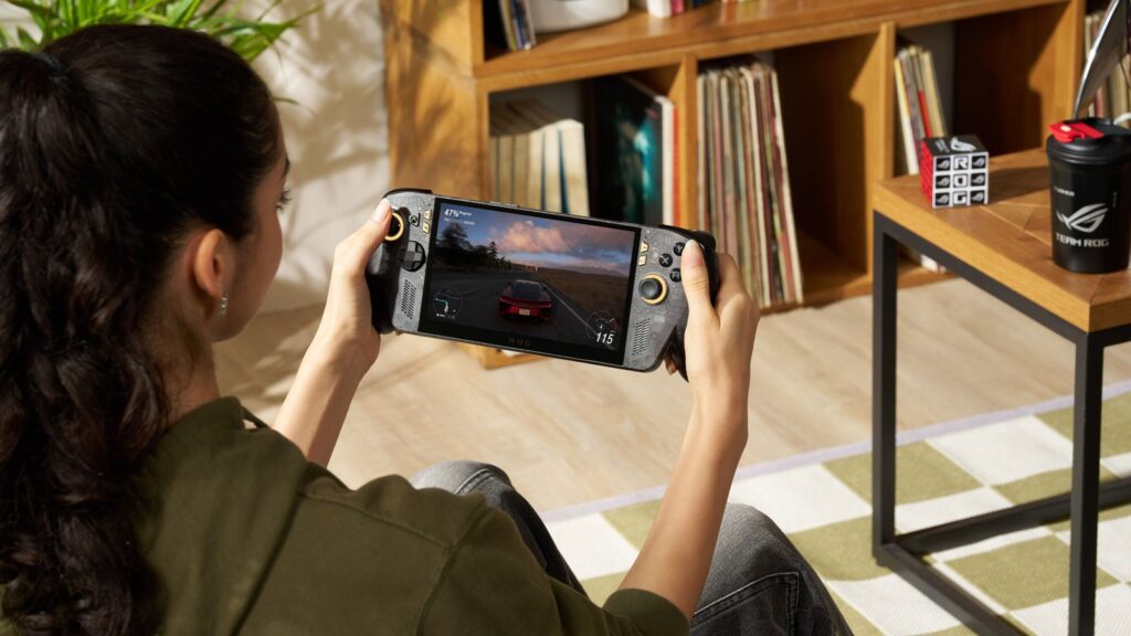 ASUS ROG Xbox Ally X20 Tested: Better OLED, Same Gaming Performance Official ASUS lifestyle photograph showing a player holding the ROG Xbox Ally X20 while playing Forza Horizon 6