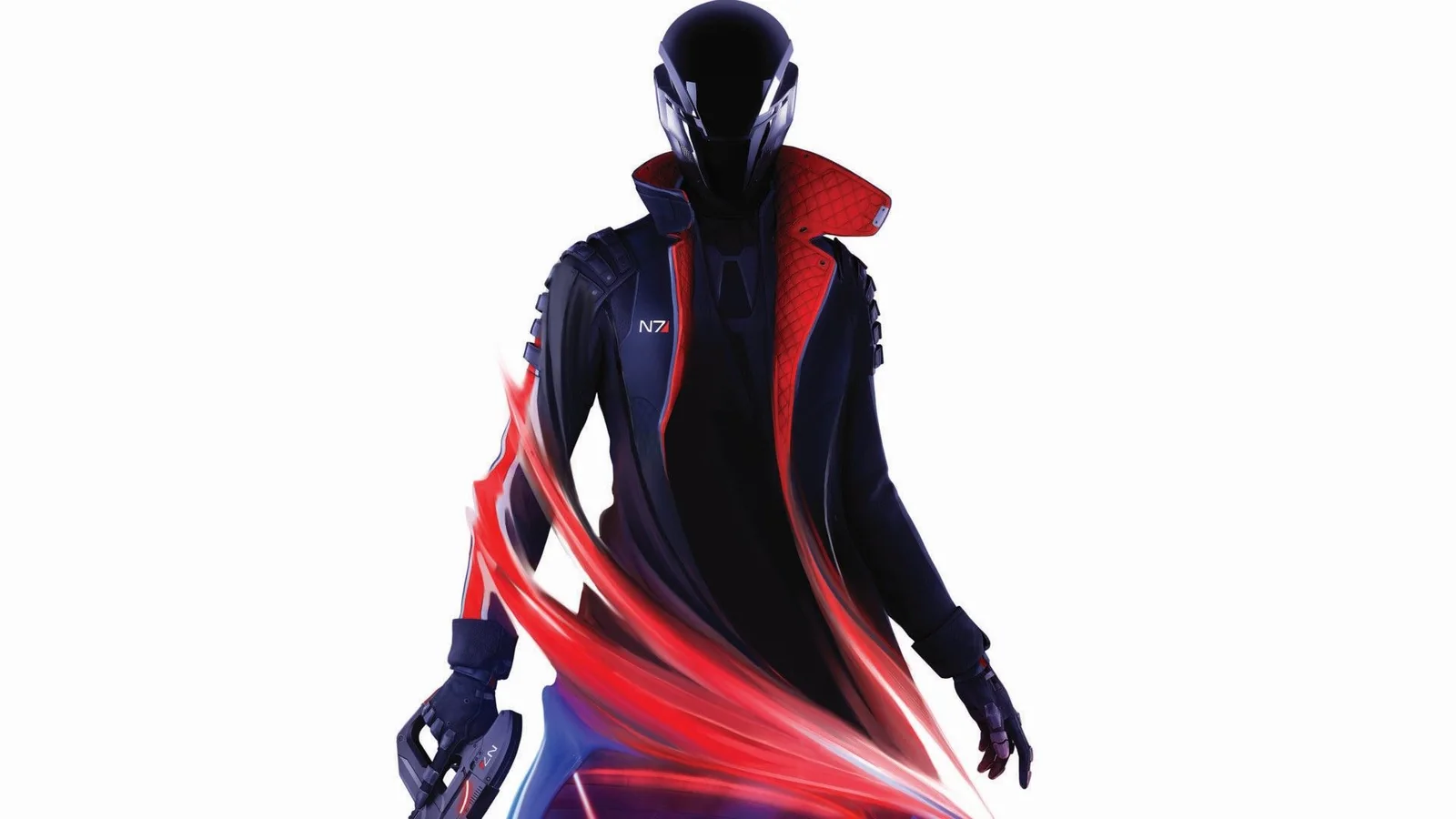 Official Mass Effect sequel teaser featuring a mysterious character in a black-and-red N7 jacket with a reflective