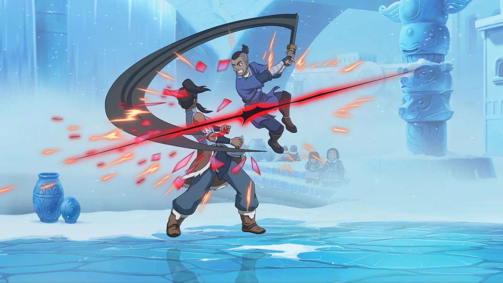 Official gameplay screenshot featuring two fighters clashing with weapons and bright combat effects in a snowy arena