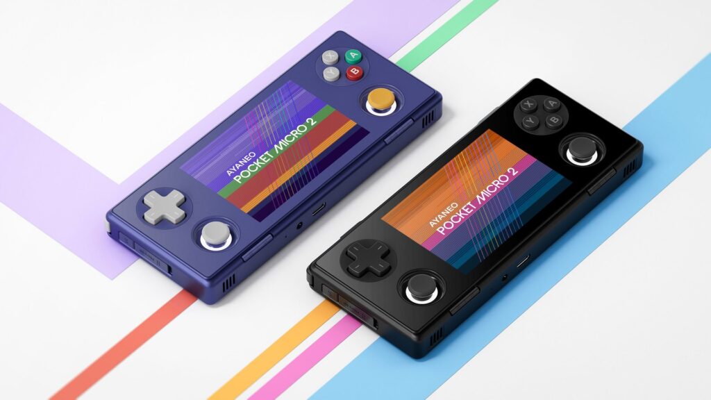 Official promotional render of the AYANEO Pocket Micro 2 in black and purple, arranged diagonally against a colorful