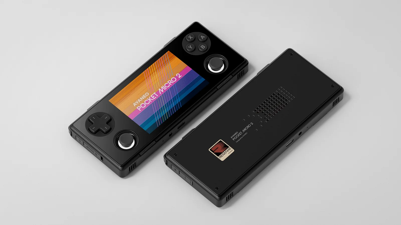 Official Pocket Micro 2 product render showing the front and rear of the black handheld on a light background