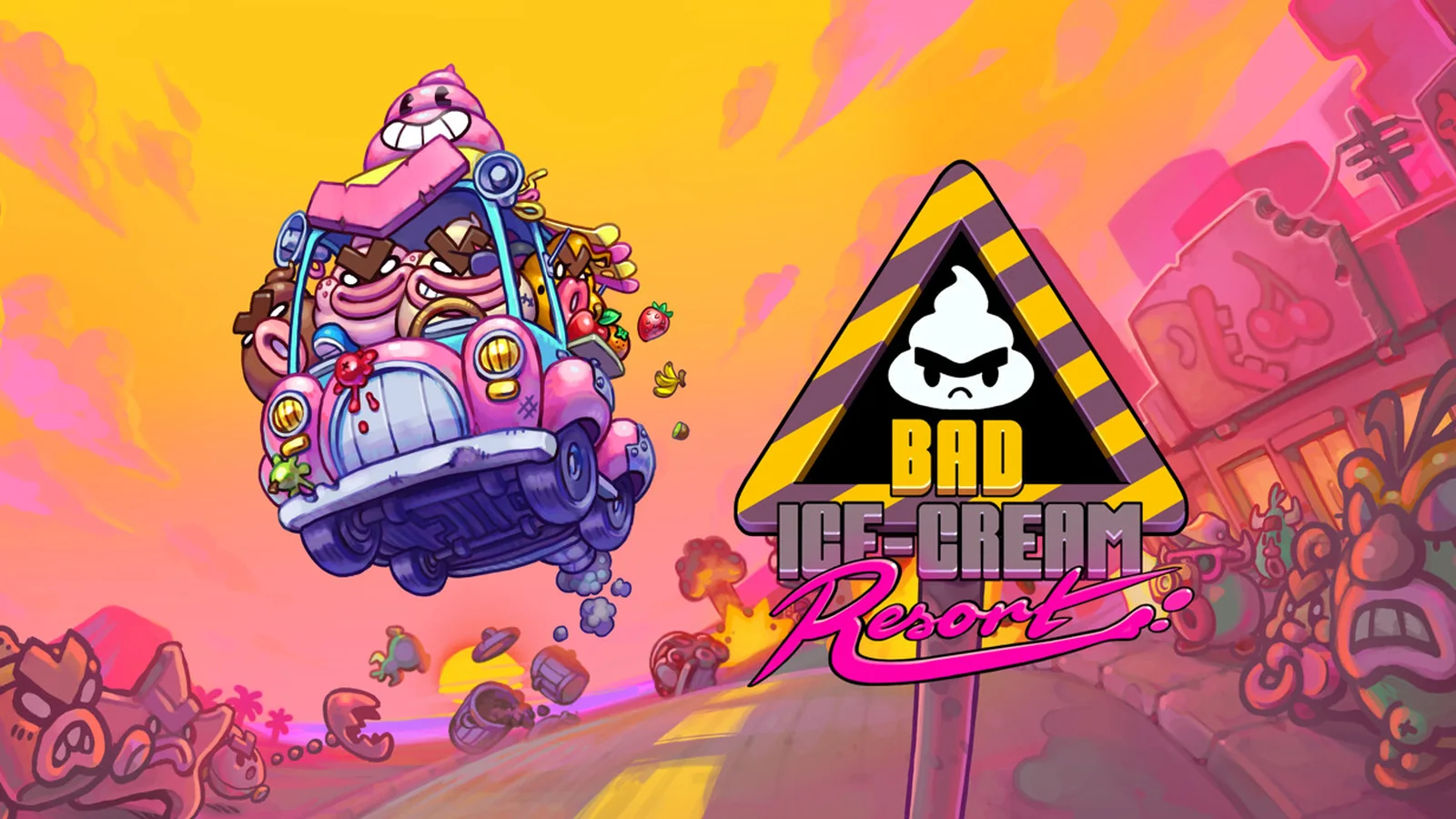 Official Bad Ice-Cream Resort key art featuring the ice-cream characters in a speeding pink car alongside the game's