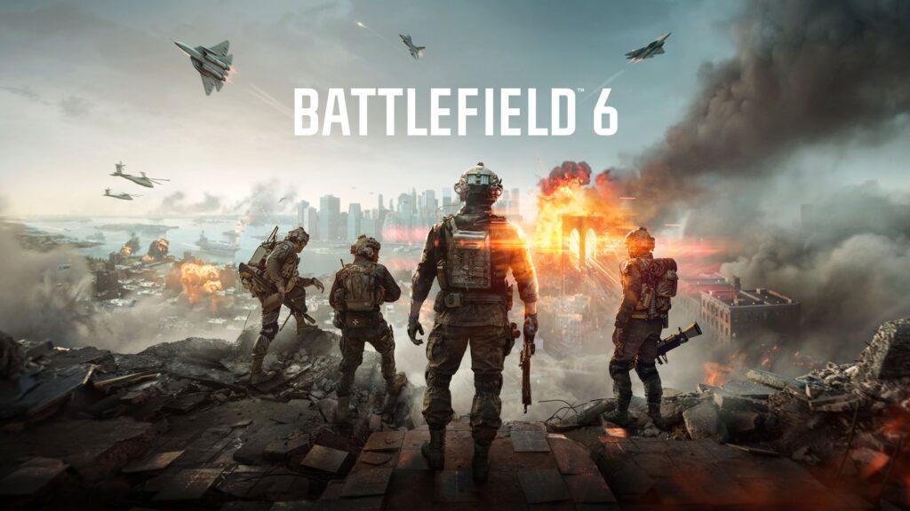 Official Battlefield 6 map artwork showing a palm-lined urban combat zone with damaged vehicles and smoke