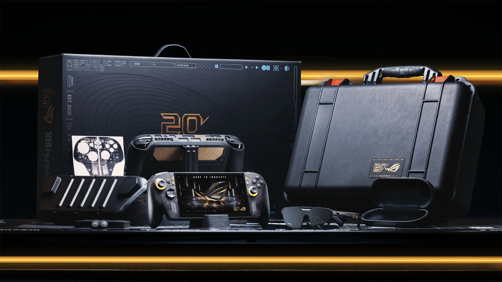 Official ASUS promotional photograph of the ROG Xbox Ally X20, showing its translucent black chassis, gold-accented
