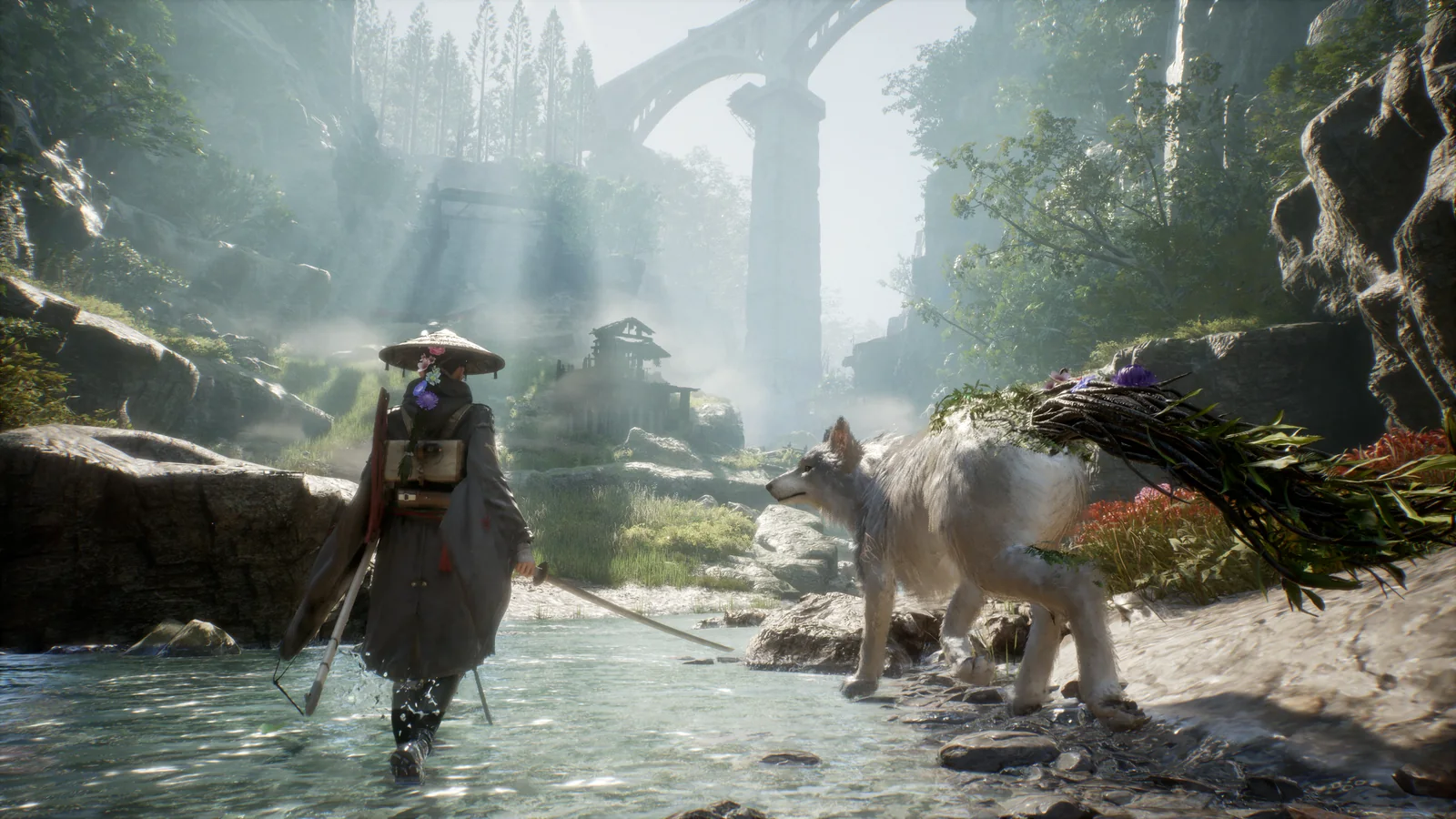 Emma and her canine companion Koo explore a lush, ruined environment with waterfalls, stone structures, and dense