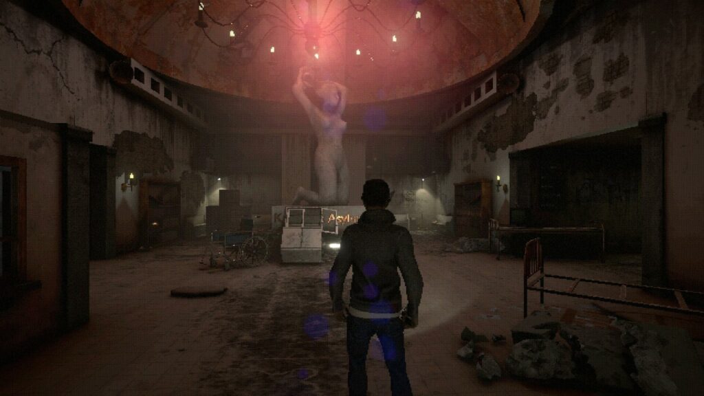 BECROWNED Adds PS5, Xbox Series and Switch 2, Delayed to Q1 2027 Official BECROWNED gameplay screenshot showing Richard exploring a ruined hospital hall beneath an ominous red-lit