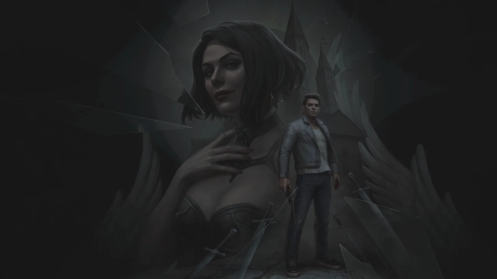 Official BECROWNED gameplay screenshot showing Richard exploring a ruined hospital hall beneath an ominous red-lit