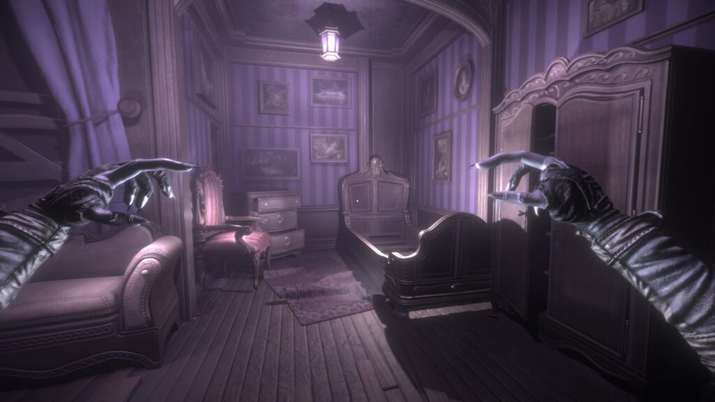 Bloody Hell Hotel Delayed to 2027, Skips Steam Early Access Gothic hotel bedroom with antique furniture, purple lighting and the vampire protagonist's gloved hand
