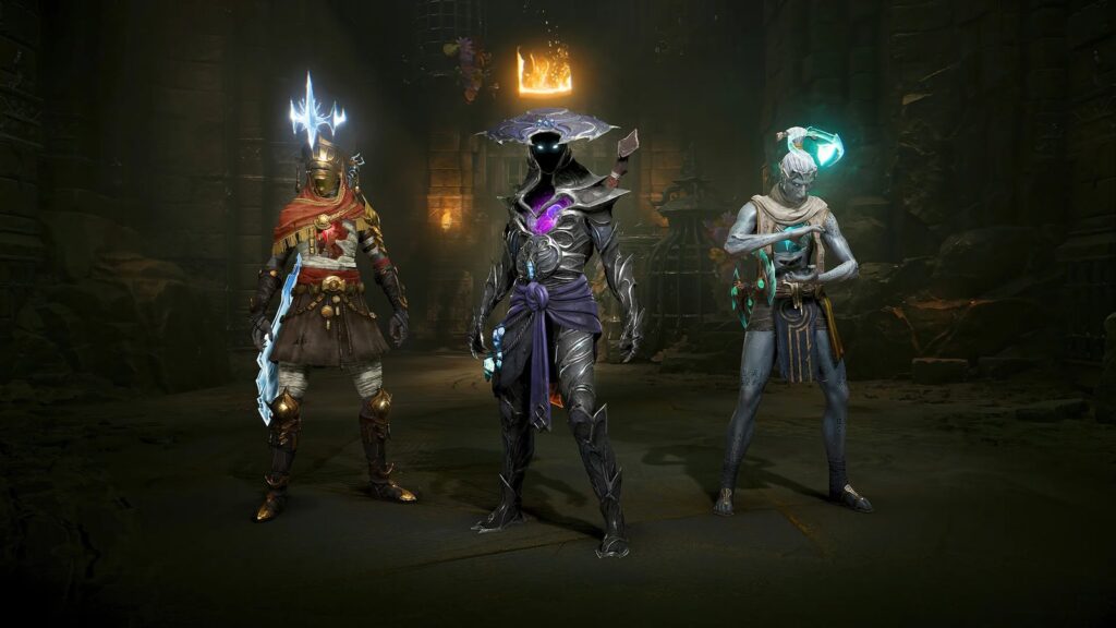 Three Arkheron characters standing together in a dark fantasy environment, showcasing distinctive armor, weapons and