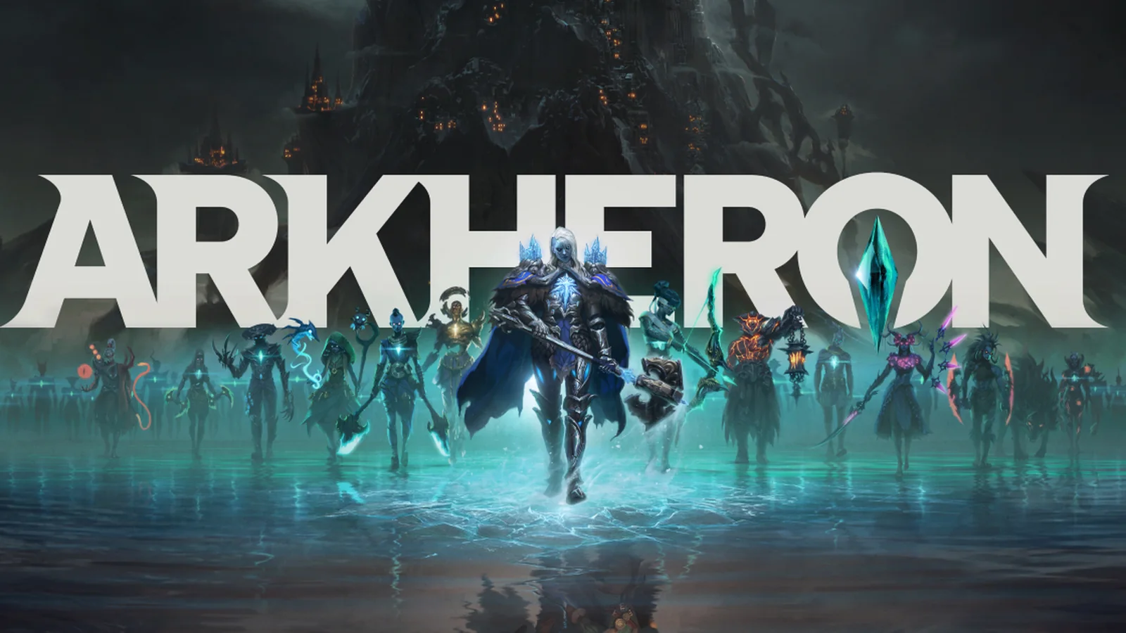 Three Arkheron characters standing together in a dark fantasy environment, showcasing distinctive armor, weapons and