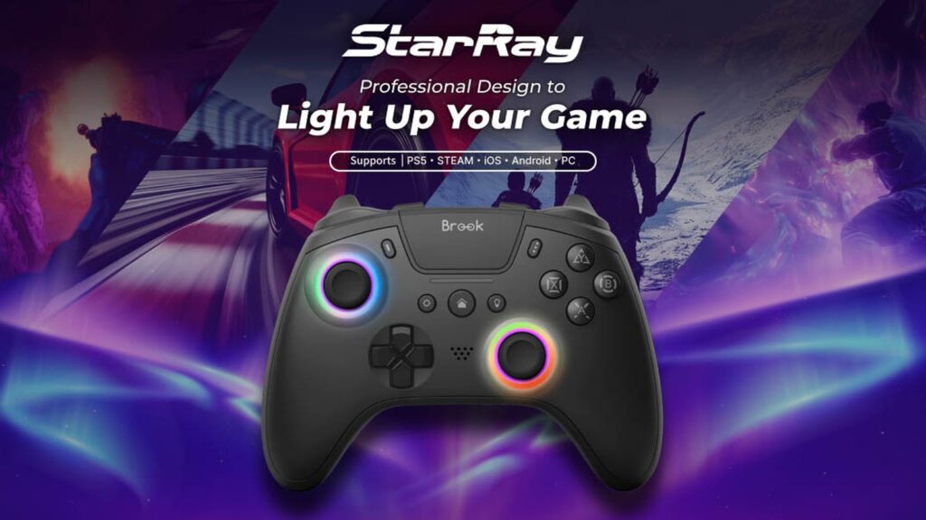 Official Brook lifestyle image showing the StarRay controller beside a laptop, PS5 console and phone under purple-blue
