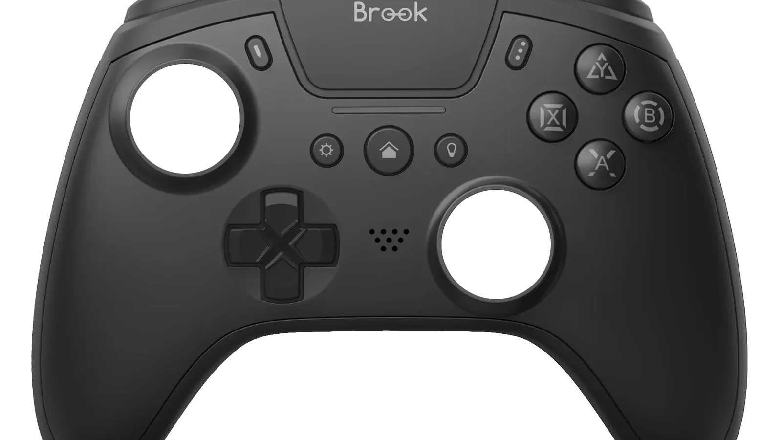 Official front product render of the Brook StarRay controller showing its asymmetrical sticks, touchpad, face buttons