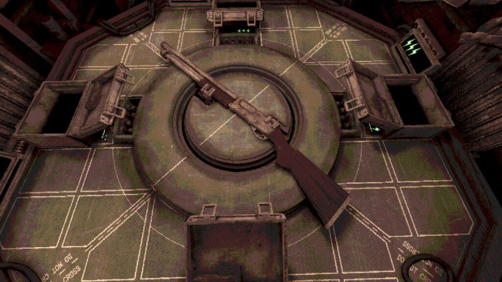 Buckshot Roulette Announced for PS5, PS4 and Nintendo Switch Official gameplay screenshot showing a shotgun resting on a circular tabletop in the game's dark industrial environment