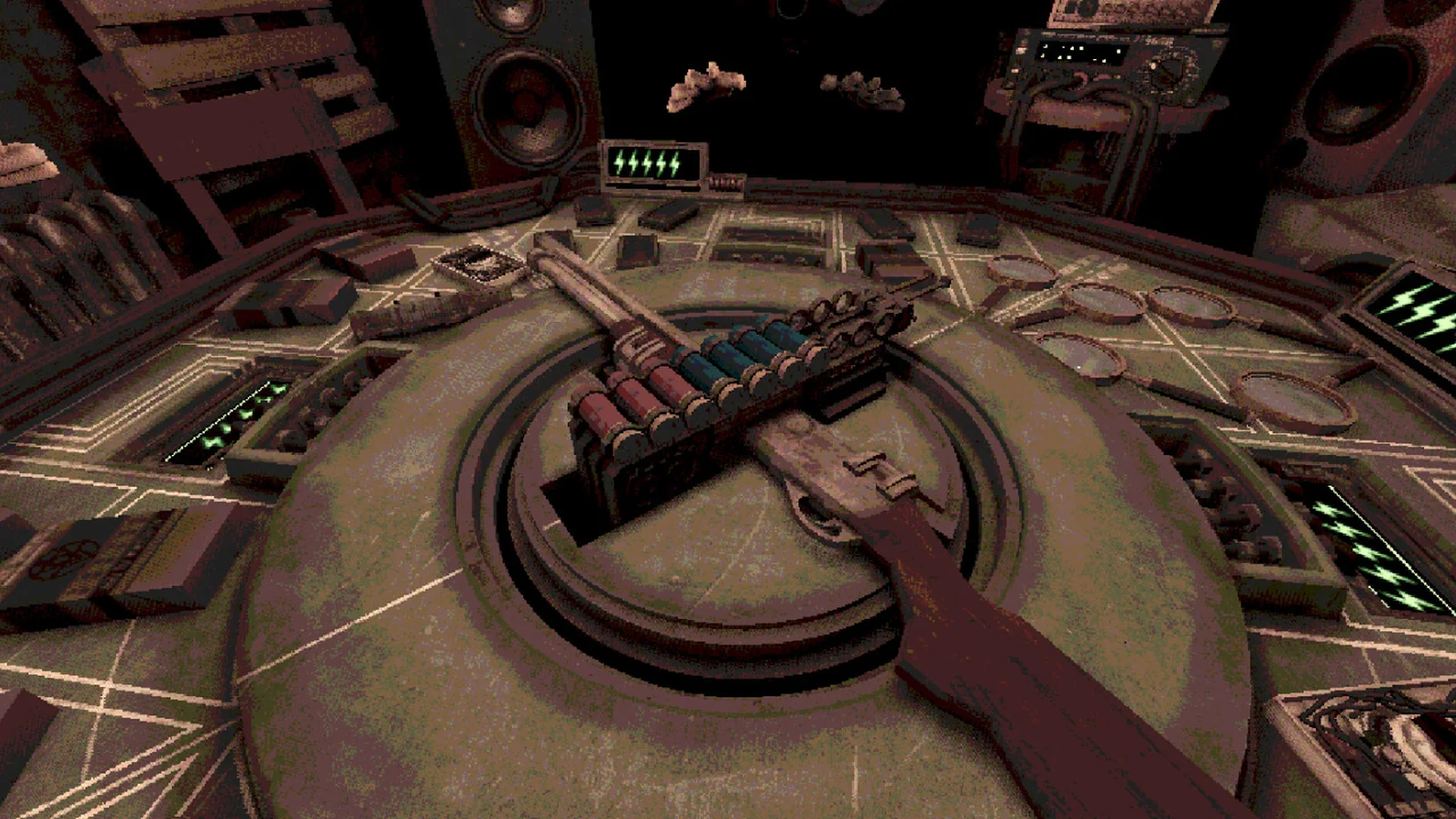 Official gameplay screenshot showing a shotgun resting on a circular tabletop in the game's dark industrial environment